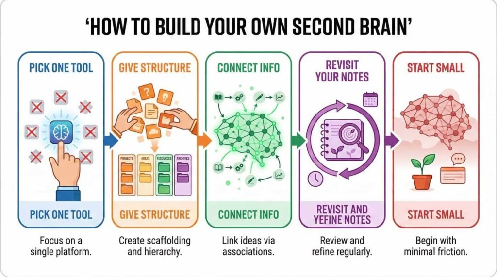  Infographic of how to build your own second brain, Pick ONE tool, give structure, connect info, revisit your notes and start small.
