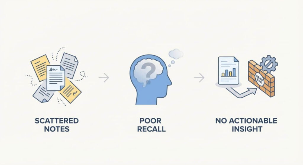 An infographic that displays the flaws of traditional note taking, scattered notes, poor recall, no actionable insight