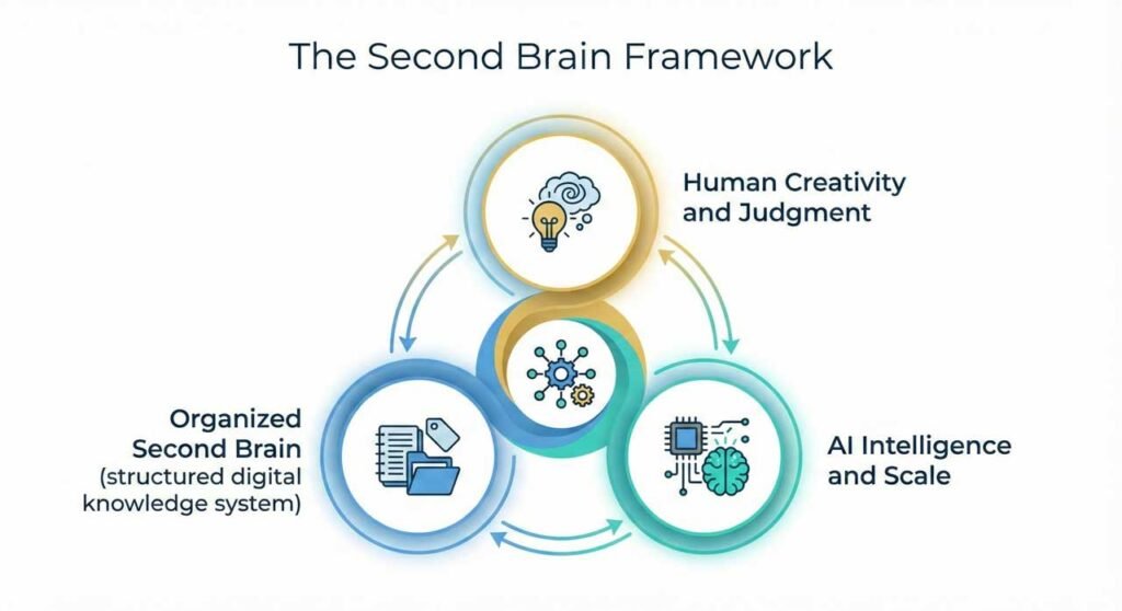 The Rise of the Second Brain - A New Era of Knowledge Management 1 A clean, minimalist infographic titled "The Second Brain Framework" showing three interconnected, circular pillars in a balanced, synergistic design. The pillars are labeled: 1) Human Creativity and Judgment, 2) Organized Second Brain, and 3) AI Intelligence and Scale. The three elements overlap in the center, symbolizing their combined synergy to form a complete framework.