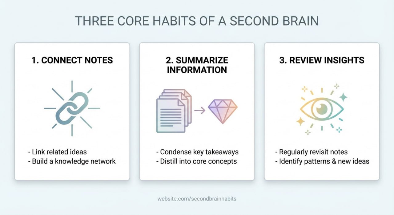 Beyond Note-Taking: How a Second Brain Makes You Smarter Over Time 2 Second Brain Benefits - Infographic illustrating the three core habits of a Second Brain: Connect notes, Summarize information, and Review insights.