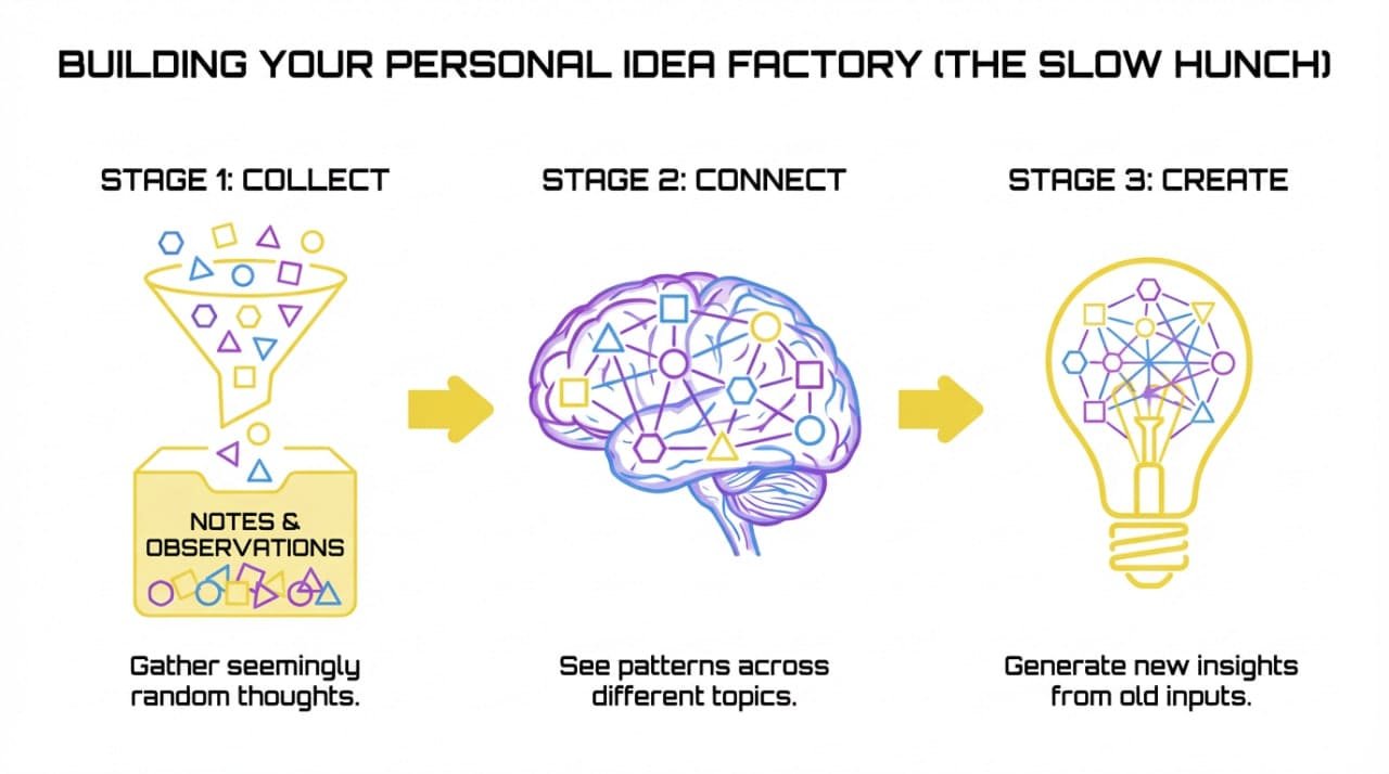 Image showing how to build a personal idea factory with three steps of gathering random thoughts, seeing patterns across topics, generating new insights from old inputs.