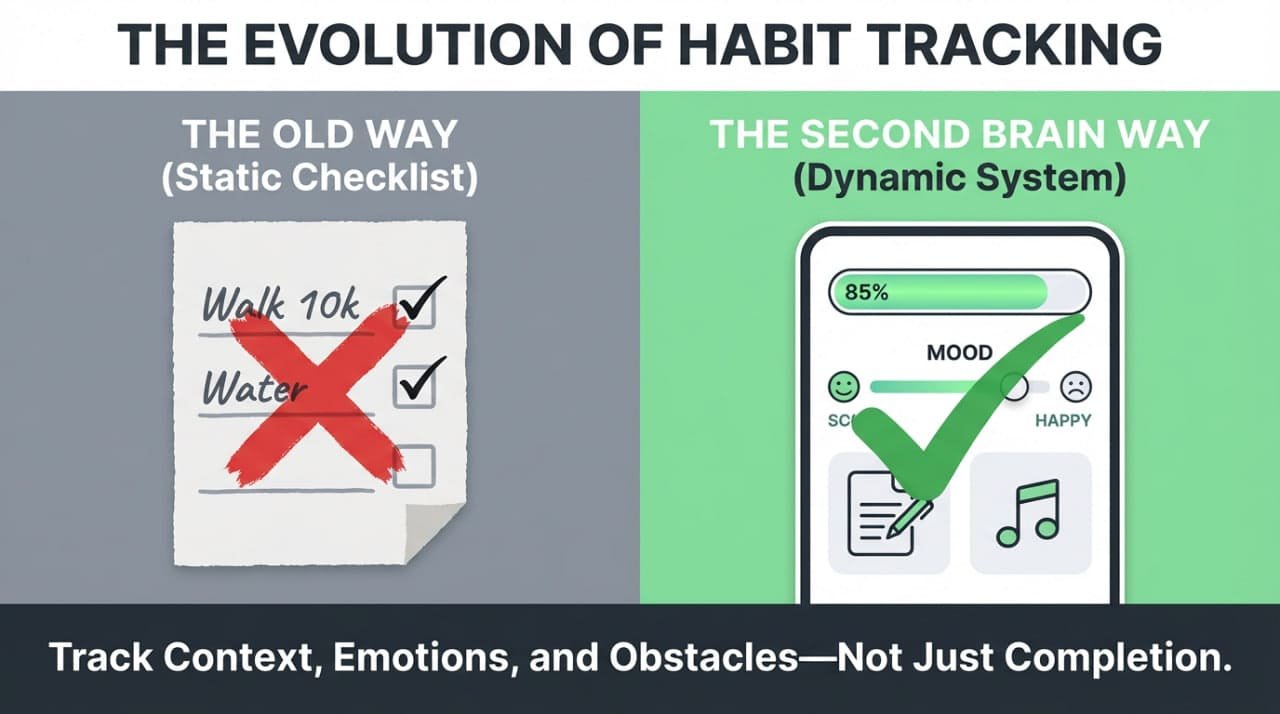 Second Brain Uses - Two images comparing the static checklist and the new dynamic system of tracking habits with context, emotions and obstacles.