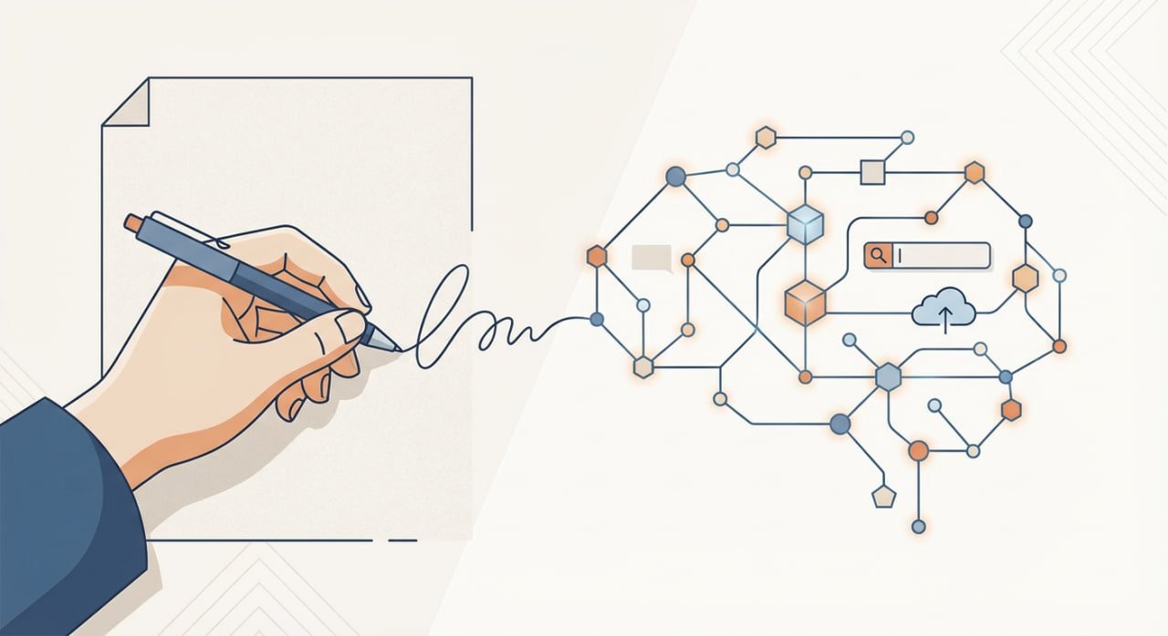 Image comparing traditional note-taking with digital thinking, showing a person bridging paper notes and a node of digitally connected ideas.