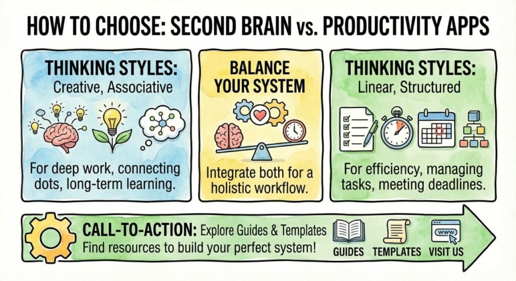 An infographic showing thinking styles, bancing systems and how these two combine to create a perfect system for choosing a second brain or a productivity app.
