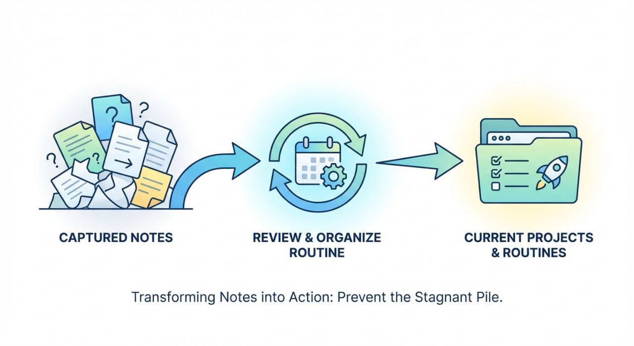  Image showing how imperfect captures notes can be turned into useful assets for projects through routine reviews
