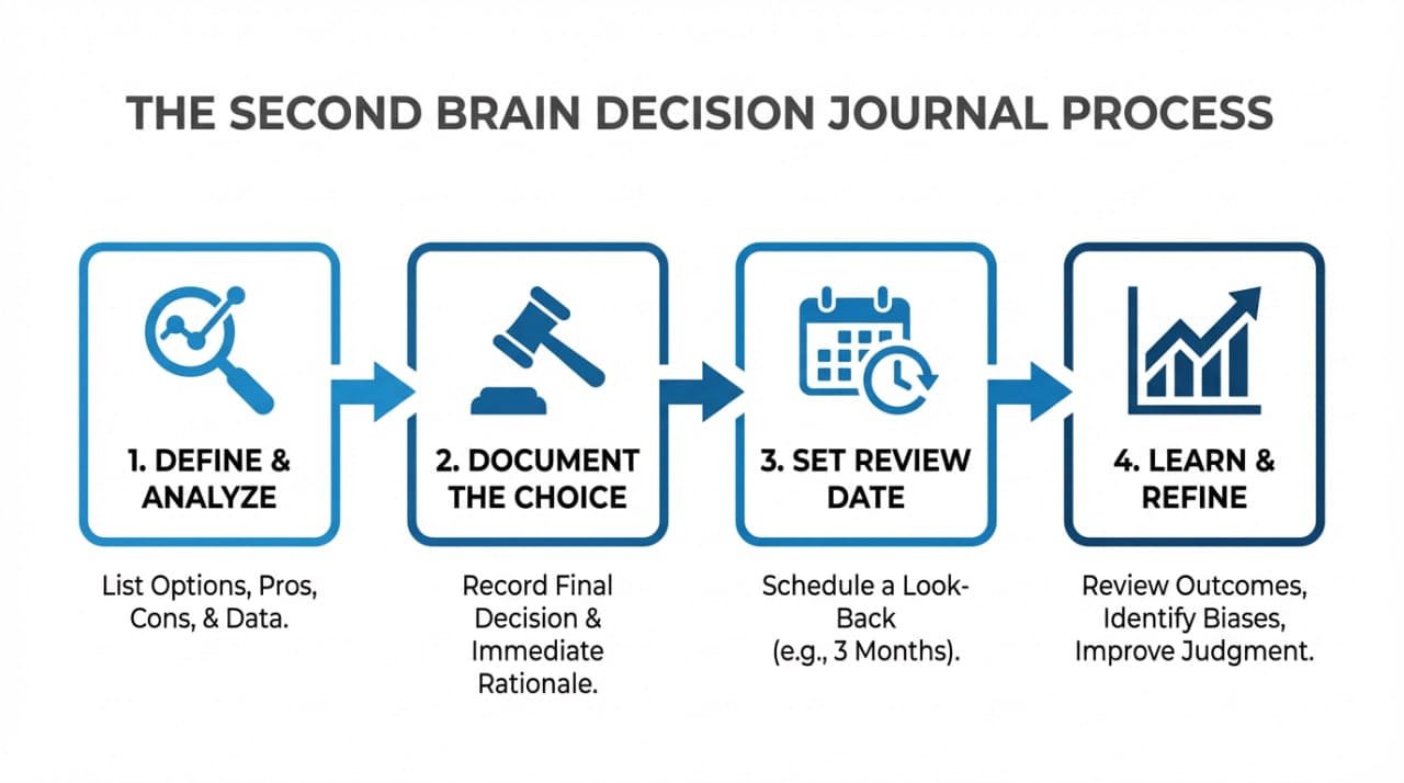 An image showing four stages of decision-making: define & analyze, document the choice, set review date, learn & refine