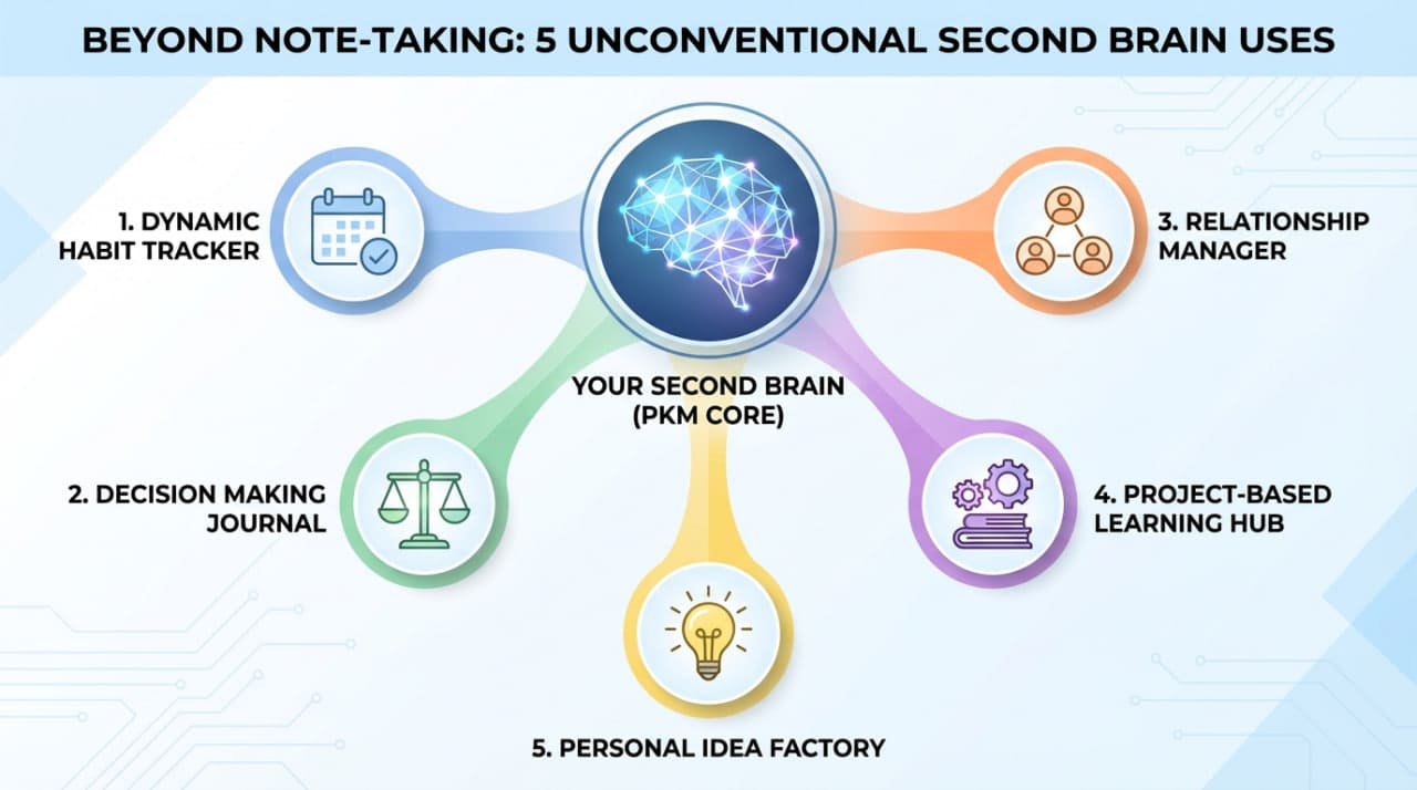 Image of a brain with five nodes: dynamic habit tracker, decision making journal, personal idea factory, project-based learning, and relationship manager.