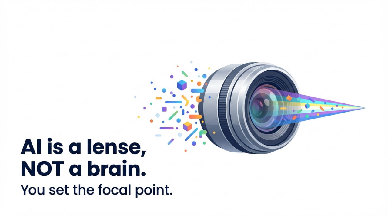 a hand holding a camera lense that says AI on it. On one side are clusters of notes and paper, on the other side they are organized into a network. The text says “AI is a lens not a brain.”