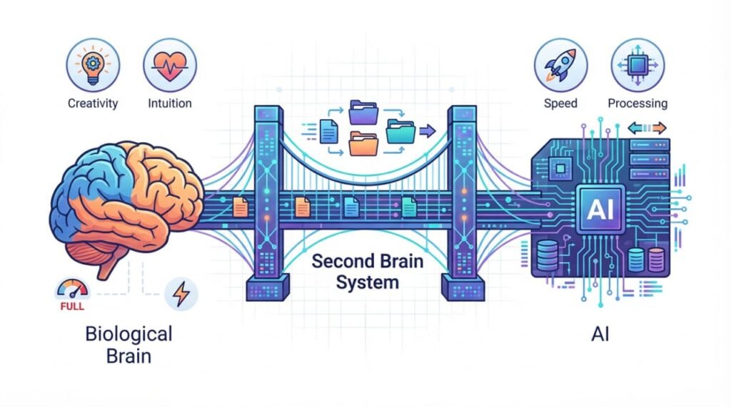 AI vs Human Memory: How Your Second Brain Bridges the Gap in 2026 2 A "Second Brain System" bridge connects a Biological Brain (human intuition/limitations) and AI (processing power/no context), illustrating how a digital system integrates human cognition with artificial intelligence.