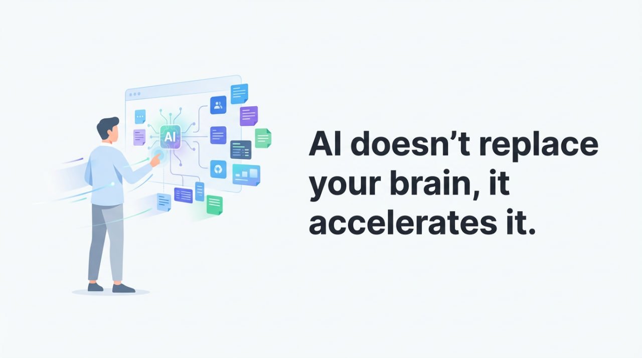 a human talking to an AI agent with their background being filled with a network of notes. The text on the image reads: “AI doesn’t replace your brain - it accelerates it. Connect, retrieve, synthesize.”