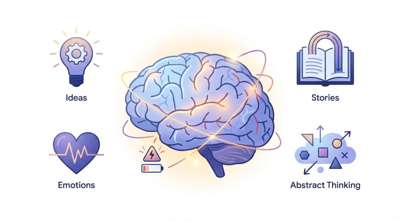 AI vs Human Memory: How Your Second Brain Bridges the Gap in 2026 1 A glowing, "fragile" human brain surrounded by icons for Ideas, Emotions, Stories, and Abstract Thinking. Titled "Incredible but Fragile," it highlights the limits of human memory in a digital age.