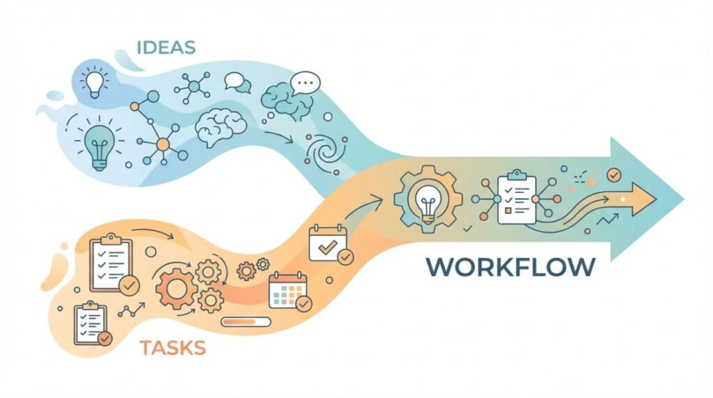 An image showing how to waves, one ideas and the other tasks, are combined neatly to create a workflow.
