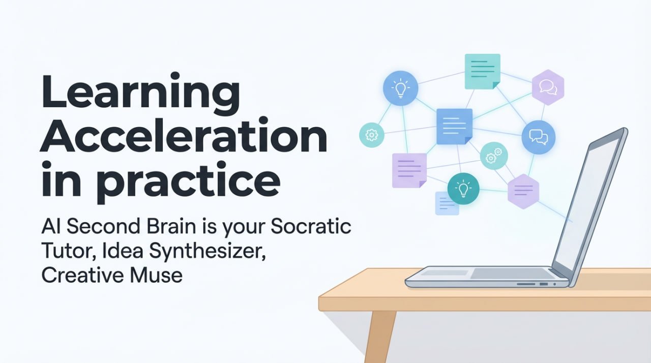 A desk with a laptop note-taking app projecting a glowing knowledge graph and a translucent AI assistant. Three floating panels labeled Socratic Tutor, Idea Synthesizer, and Creative Muse.