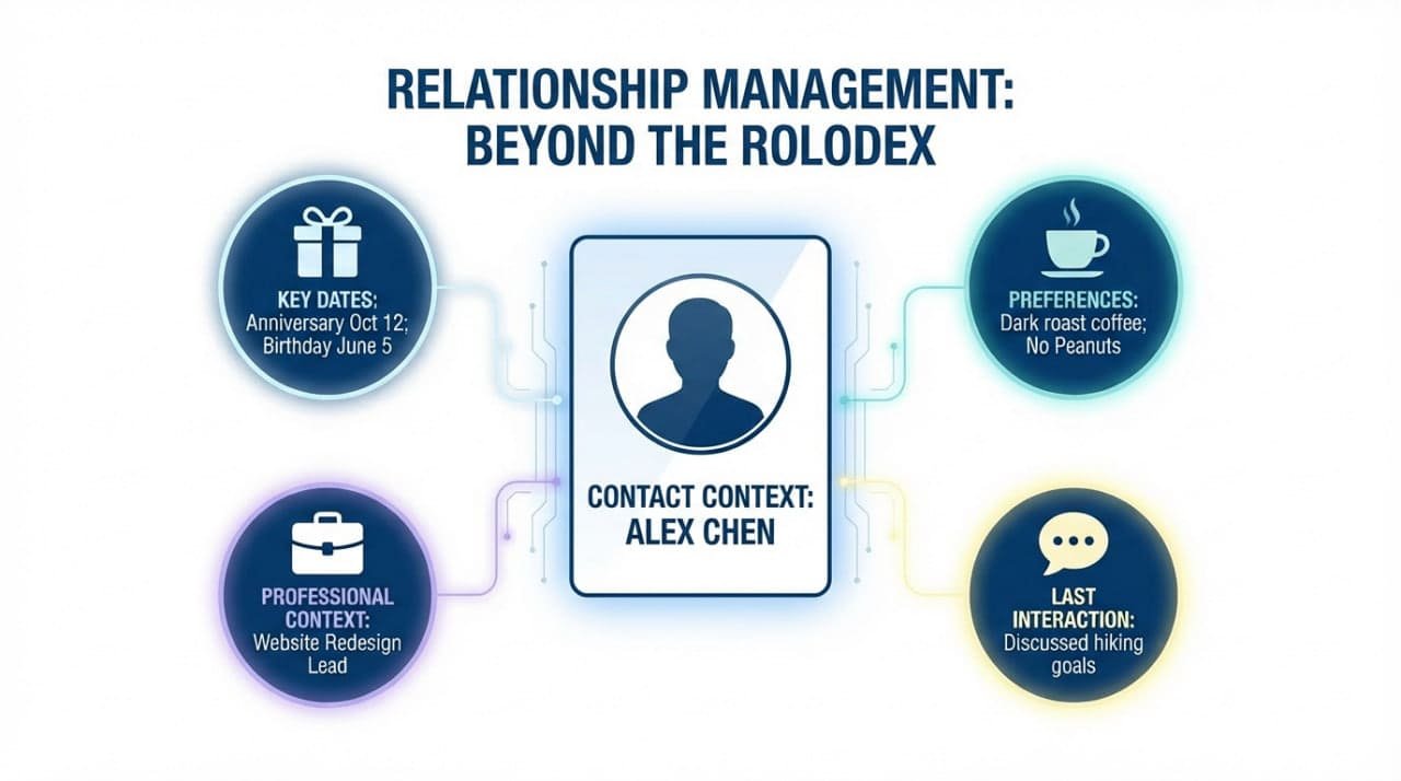 Image depicting four important things you should remember about a person: key dates, professional context, preferences, last interaction topic.