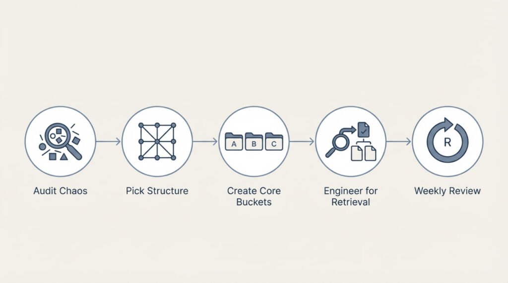 Infographic outlining 5 steps to build a second brain: Audit Chaos, Pick Structure, Create Core Buckets, Engineer for Retrieval, and Weekly Review, each with illustrative icons.
