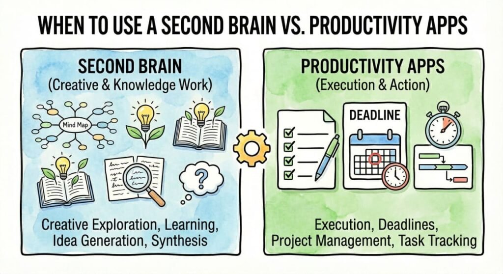 An image showing side by side the benefits of second brain and productivity apps, being creative knowledge work and execution and action, respectively.