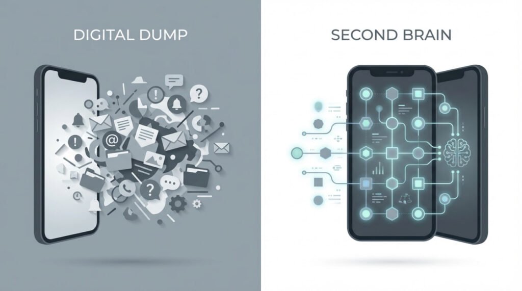 Infographic comparing a "Digital Dump" (chaotic information overload from a phone) to a "Second Brain" (structured knowledge organization within a phone).