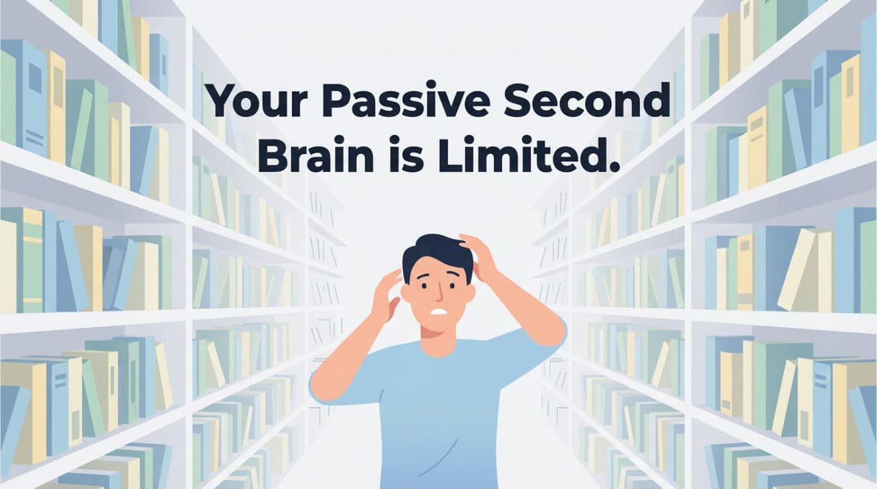 image of a human in a digital library, holding a block of information, the text on the image says “Your Passive Second Brain is Limited”.