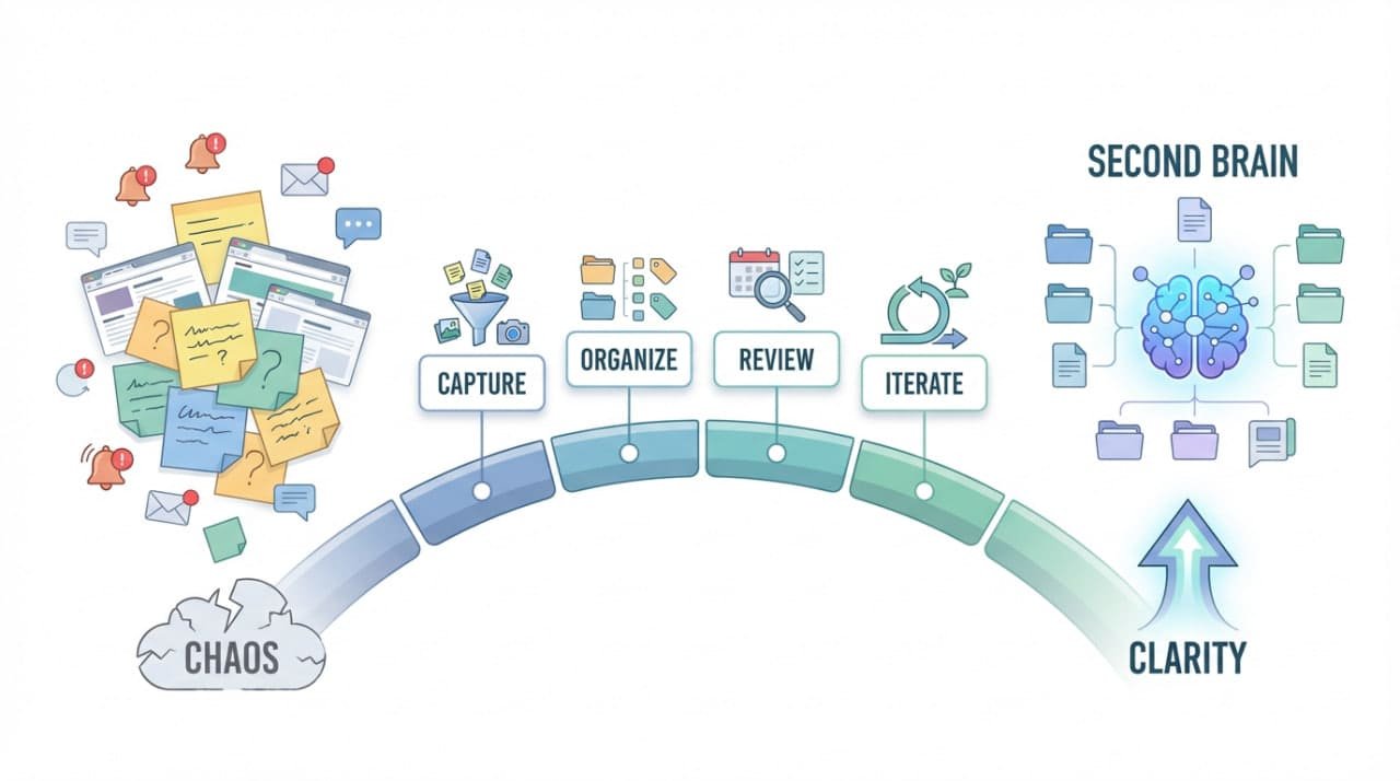 AI vs Human Memory: How Your Second Brain Bridges the Gap in 2026 4 A visual journey from digital chaos to a structured Second Brain. A bridge labeled with four milestones (Capture, Organize, Review, Iterate) connects scattered icons to a clean, organized digital interface.