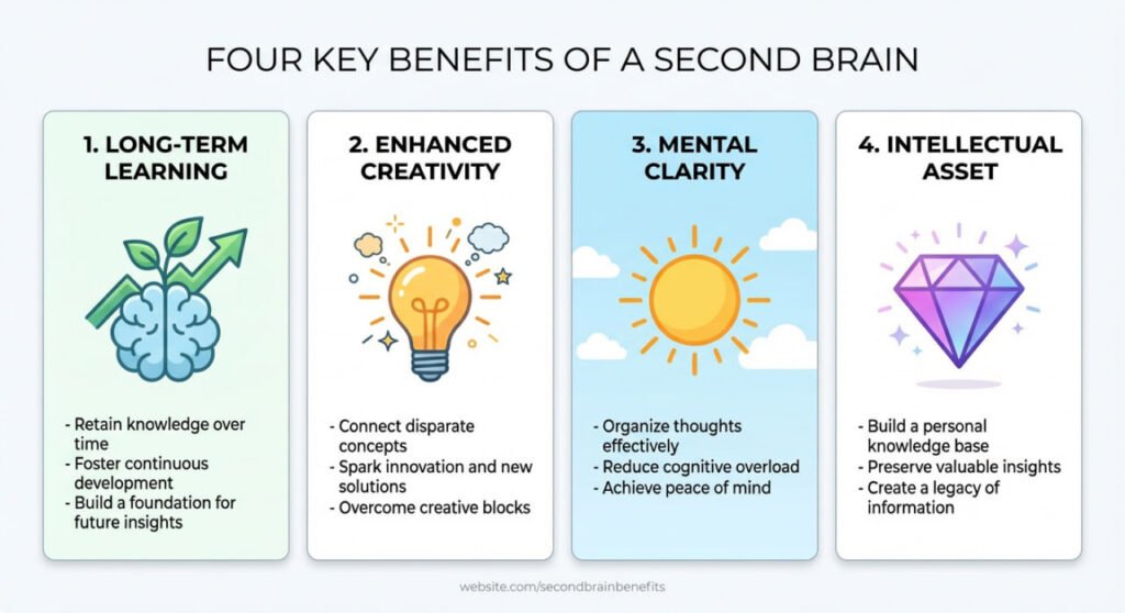 Beyond Note-Taking: How a Second Brain Makes You Smarter Over Time 3 Visual listing the four main benefits of a Second Brain system: long-term Learning, Enhanced Creativity, Mental Clarity, and Intellectual Asset.