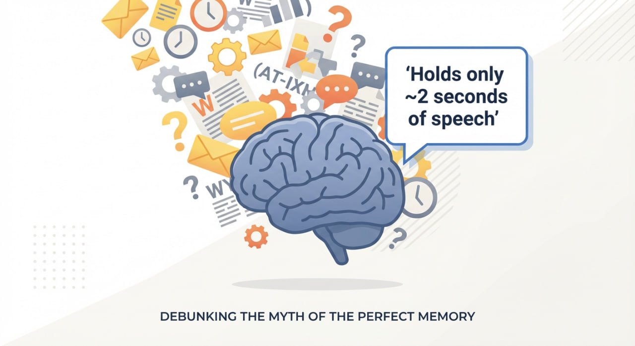 Beyond Note-Taking: How a Second Brain Makes You Smarter Over Time 1 Graphic illustrating the "Myth of the Perfect Memory," showing the human brain can only retain about 2 seconds' worth of speech at a time.