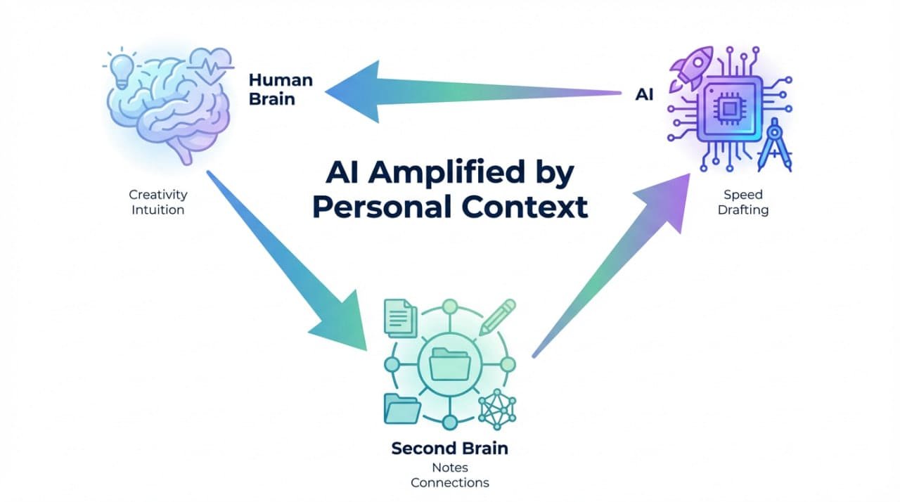 AI vs Human Memory: How Your Second Brain Bridges the Gap in 2026 3 The "Power Trio" workflow connecting the Human Brain (creativity), Second Brain (organization), and AI (processing). Arrows show a clockwise loop of insight being organized and amplified.