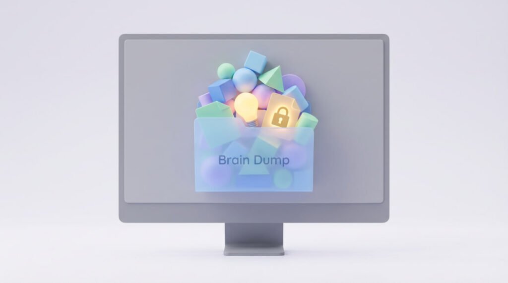 Second Brain vs Brain Dump - A cluttered, overflowing digital folder labeled "Brain Dump" sits on a screen, with a single lightbulb idea and a key document buried and lost deep within the chaotic pile.