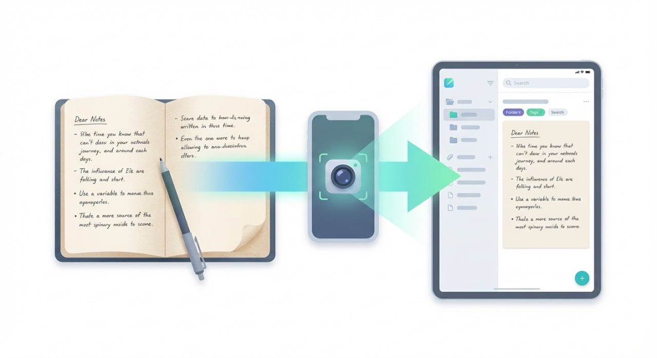 Image showing the gradual transition from paper-based note-taking to digital systems, with paper notes transforming into organized digital documents through scanning and note-taking apps.