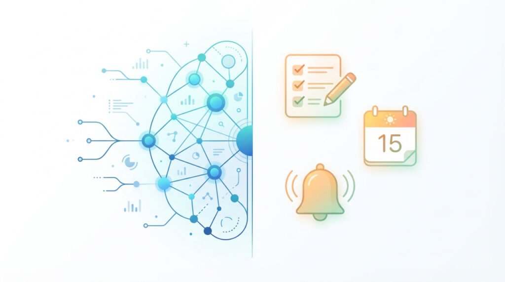 A two-sided picture with one side showing a brain network and the other showing a notebook, calendar and a reminder bell.