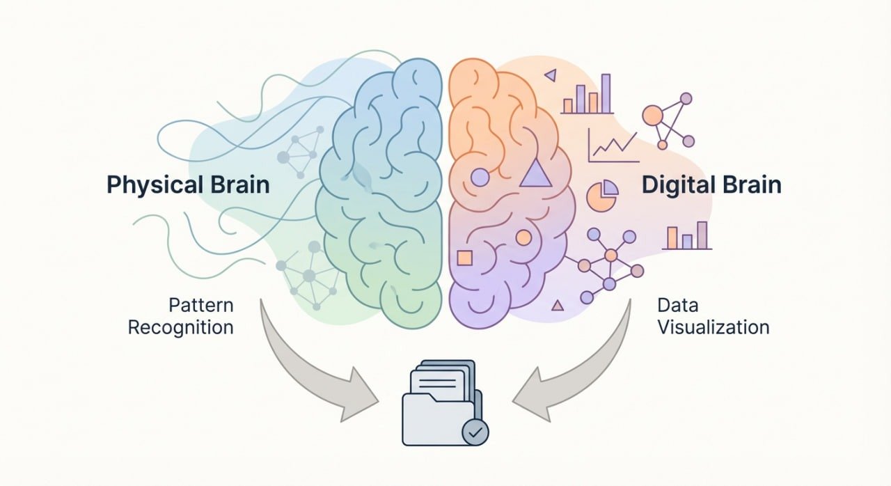 conceptual depiction of a digital and human brain connect through digital notes, pattern recognition, and cognitive maps to illustrate the science behind the theory of digital  note-taking