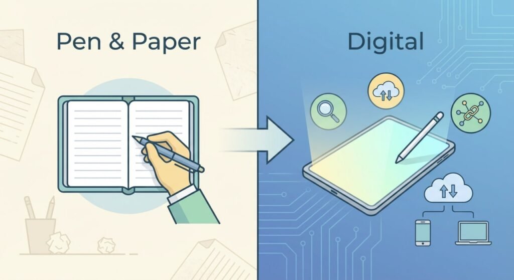A desk with pen and paper notes scattered alongside a laptop with a digital note-taking platform on display with organized notes.