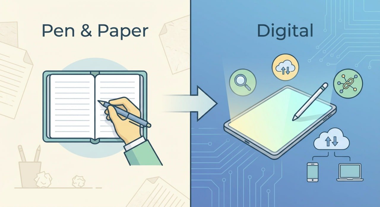 A desk with pen and paper notes scattered alongside a laptop with a digital note-taking platform on display with organized notes.