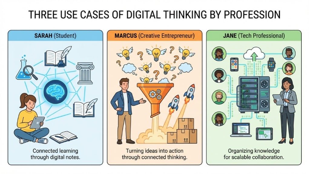 An illustration depicting how students, entrepreneurs and tech professionals benefit from digital thinking