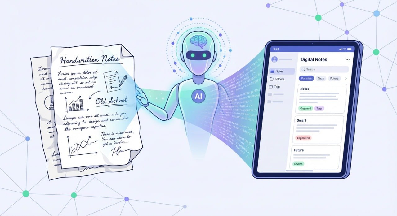 an illustration of a futuristic AI assistant turning hand written notes into digital notes