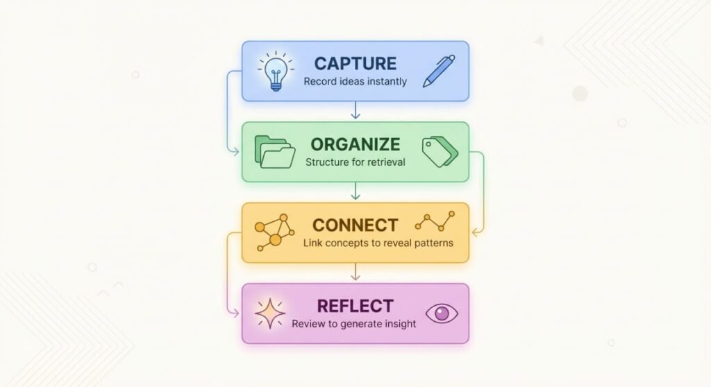 Infographic illustrating the Four Pillars of Digital Thinking — Capture, Organize, Connect, and Reflect — symbolizing how ideas move from capture to insight through structured connections.