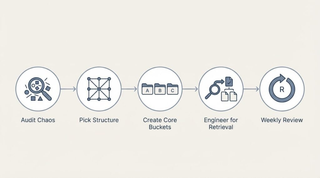 Second Brain vs Brain Dump: Why Structure Beats Chaos 2 Infographic outlining 5 steps to build a second brain: Audit Chaos, Pick Structure, Create Core Buckets, Engineer for Retrieval, and Weekly Review, each with illustrative icons.