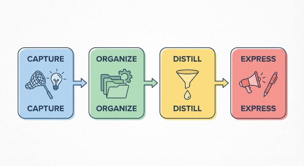 a visual depicting the four stages of the CODE knowledge model by Tiago Forte. First is capture for getting information, then is Organize, third is Distill for refining information and fours is Express.