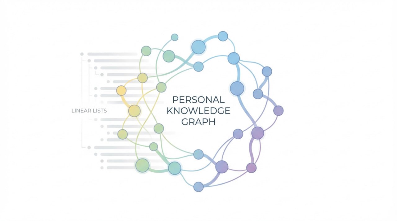 Infographic comparing a simple, static scroll of "Traditional Notes" to a large, glowing blue web of "Connected Knowledge," illustrating the shift to a dynamic, non-linear network of ideas.