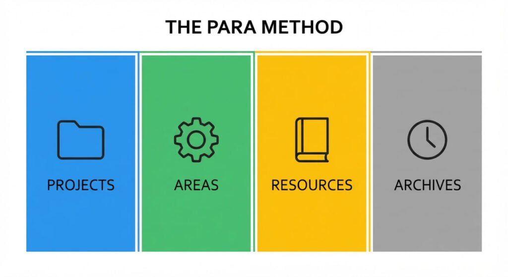 an image depicting the four stages of the PARA model, which are Projects, Areas, Resources, and Archives