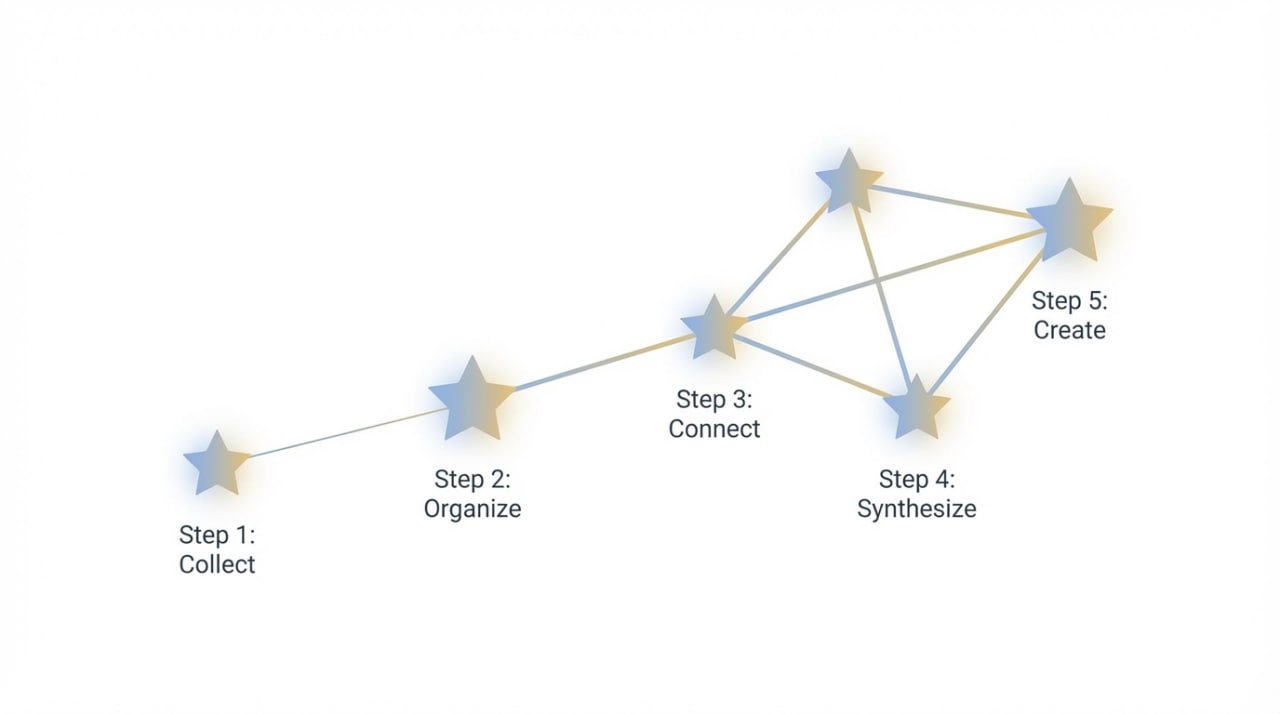 A diagram showing the 5 steps of creation that includes collection, organization, connecting, synthesizing, and creating.
