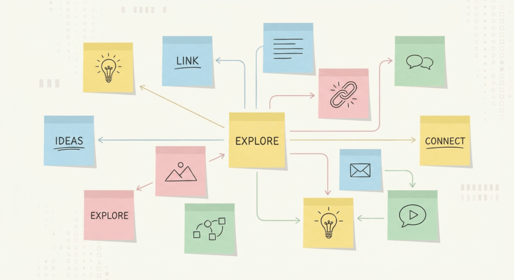 an image depicting notes and sticky notes linked together in a network of ideas.
Caption: visual representation of Zettelkasten method.