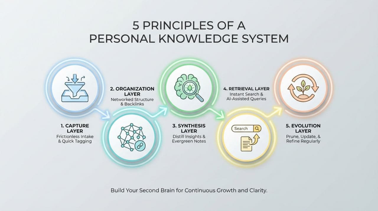 The 5 core components of a personal knowledge system that are capture, organization, synthesis, retrieval, evolution.