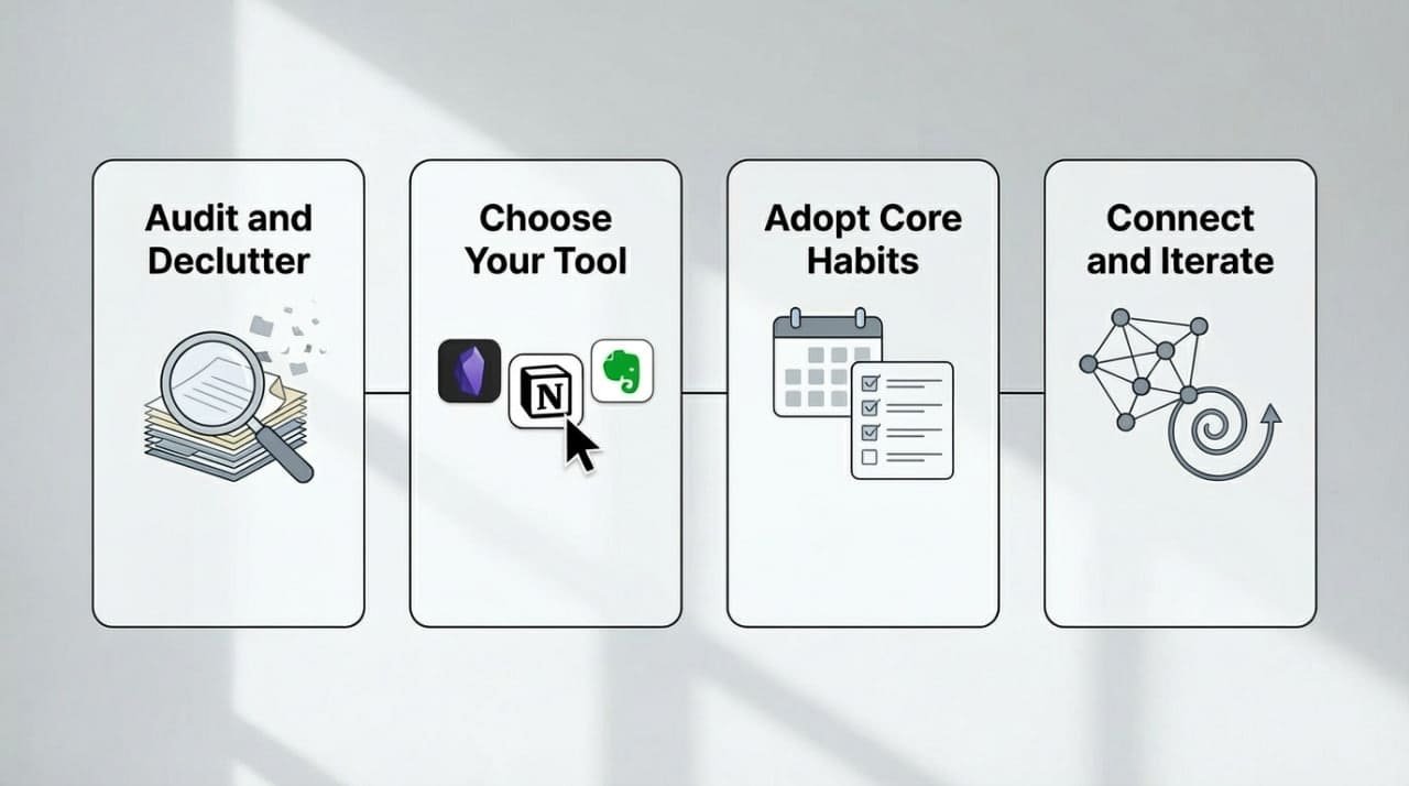 A step by step visualization of integrating a PKS in your digital life by removing outdated content, updating information, and sticking to one tool.