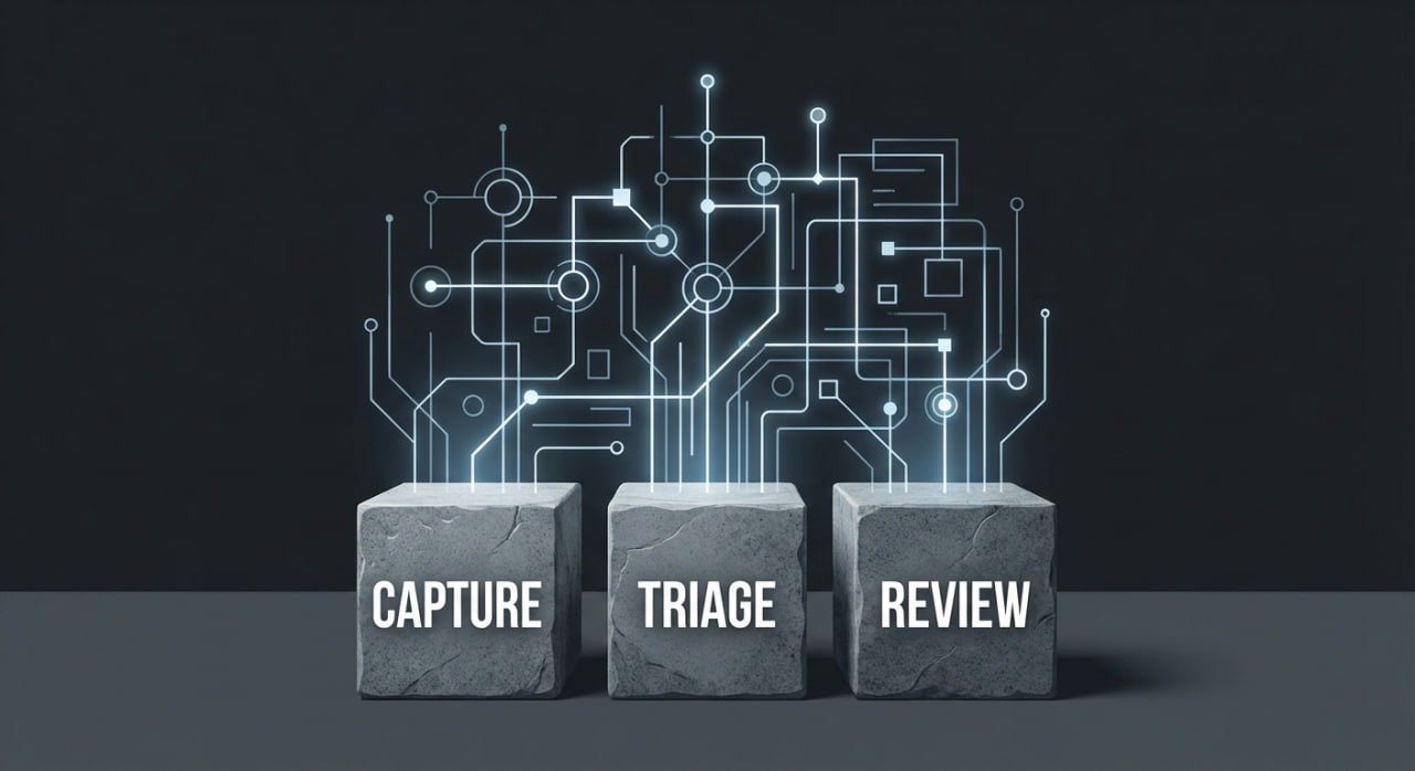 How to Build a Second Brain that Actually Works 2 An image depicting the three pillars of data processing which are capture, triage, and review.