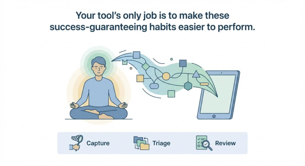 How to Build a Second Brain that Actually Works 3 An image showing how proper capturing, triage and reviewing leads to guaranteed success and easier performance.