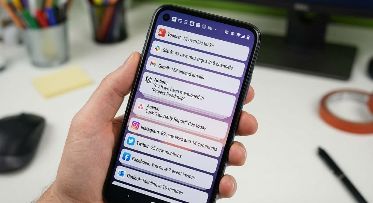 Personal Knowledge System - A phone screen displaying notifications from various apps that at first glance overwhelm the user.