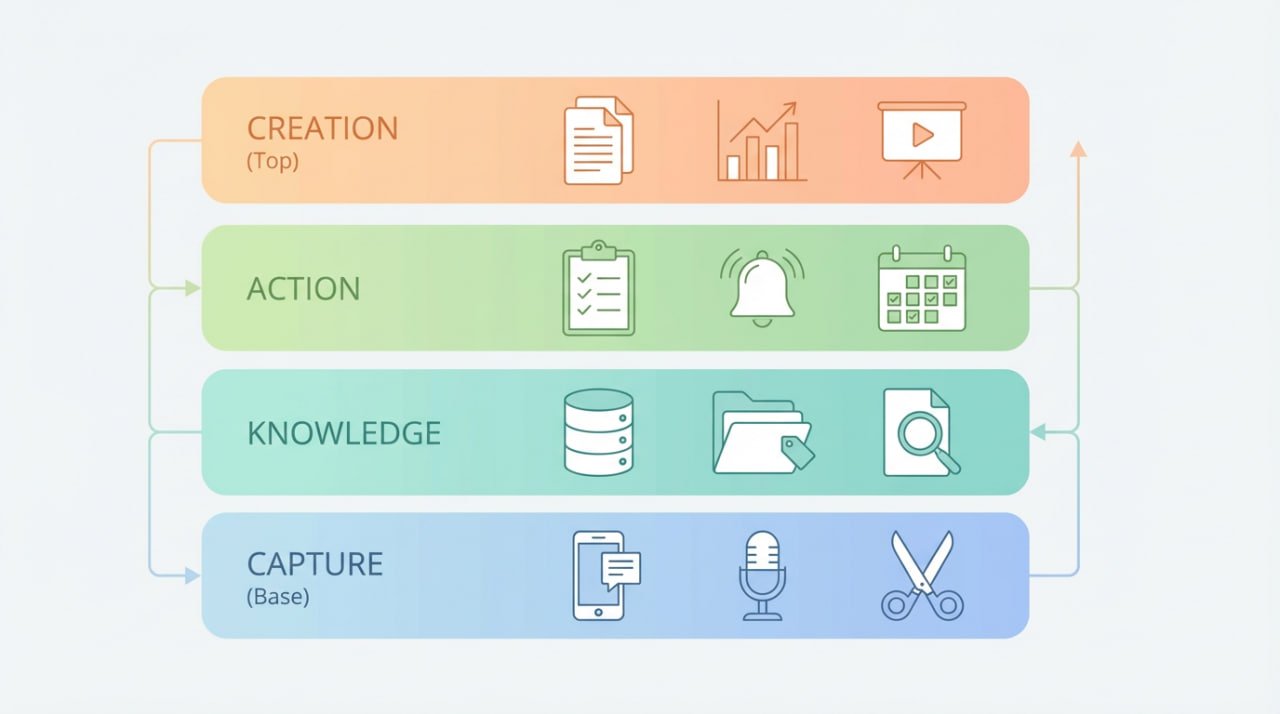 Showing a brain where the four layers of a customized second brain stacks flow hierarchically from Capture to Knowledge, Action, and Creation. - Second Brain Tools