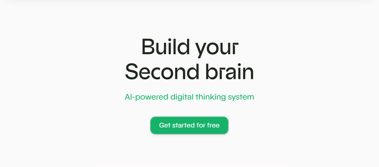 A screenshot of the Brainfo landing page with a title that reads, “build your Second Brain, ai-powered digital thinking system.”