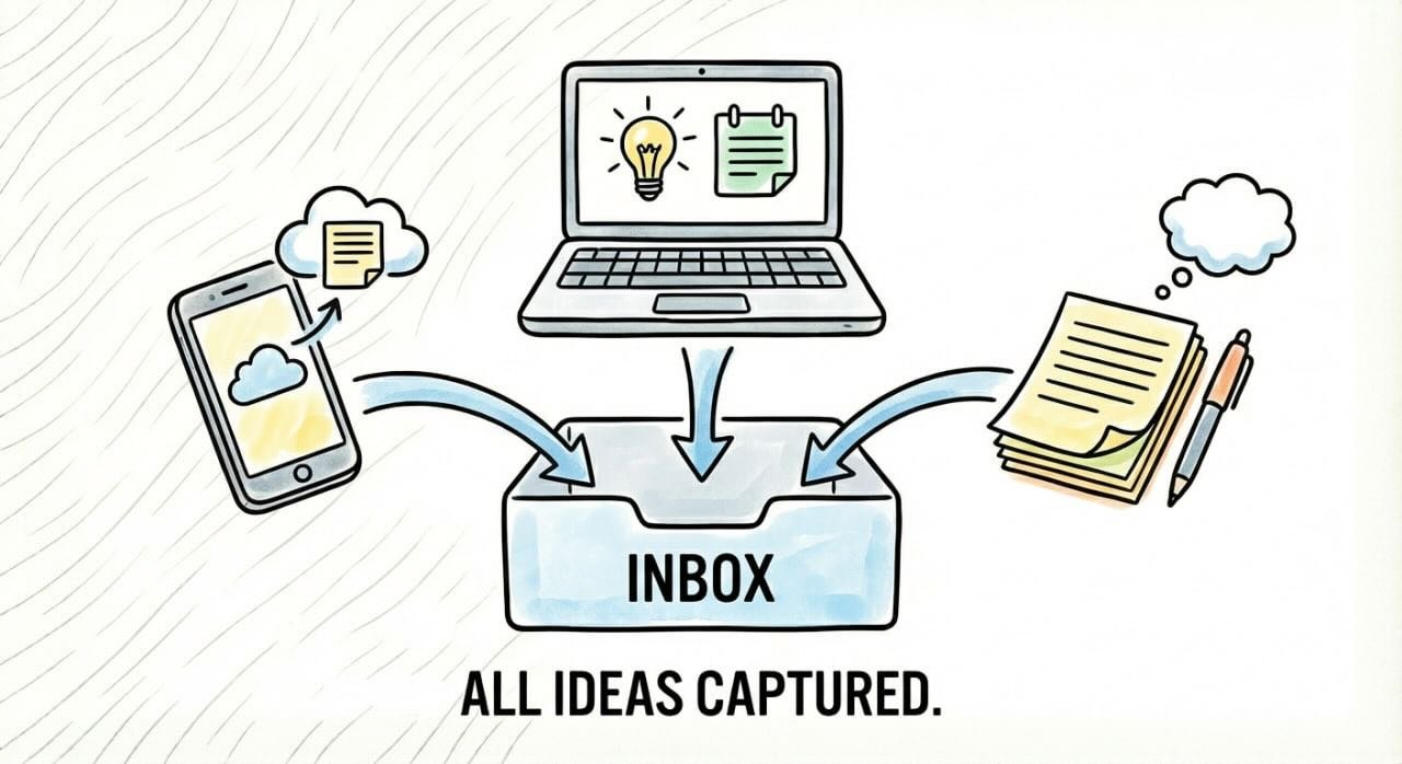 Second Brain for Action - Diagram showing diverse input methods (phone, laptop, physical notes) flowing into a central "INBOX" for capturing ideas.