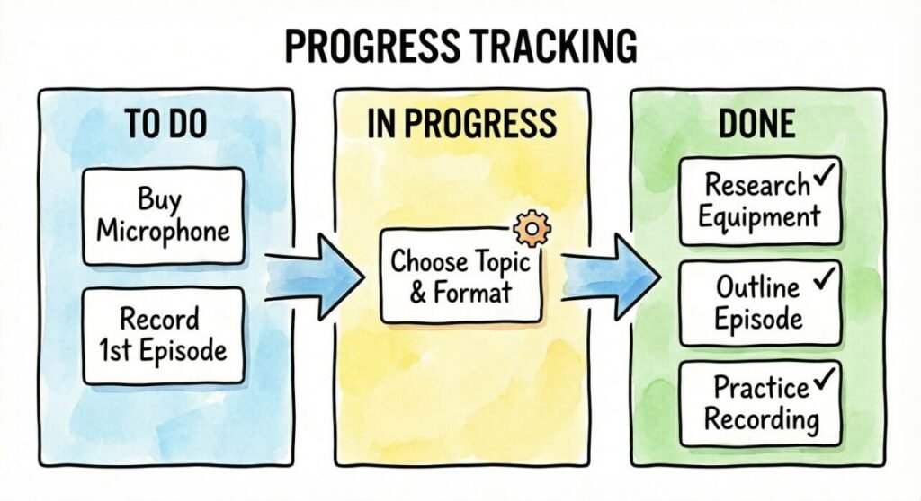 Diagram illustrating "PROGRESS TRACKING" where refined tasks are moved through "TO DO" and "DONE" stages.